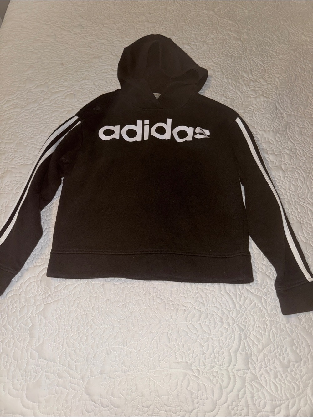 adidas Black Hoodie with White Logo and Sleeve Stripes